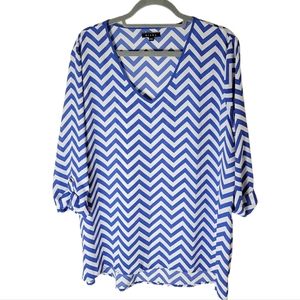 Kiara blue white chevron stripe roll tab sleeve high low top plus size XXL